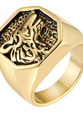 潮男钛钢复古狼头戒指