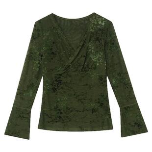 性感交叉V领T恤女长袖欧货植绒网纱上衣洋气紧身内搭打底衫女秋冬