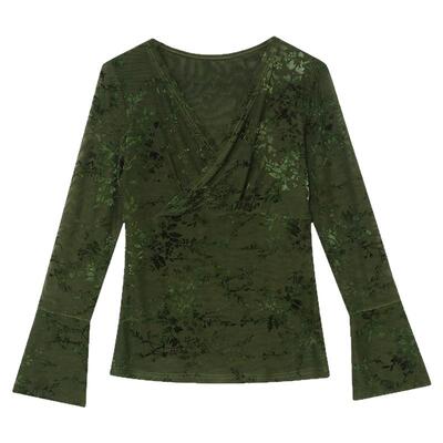 植绒网纱打底衫长袖性感交叉上衣