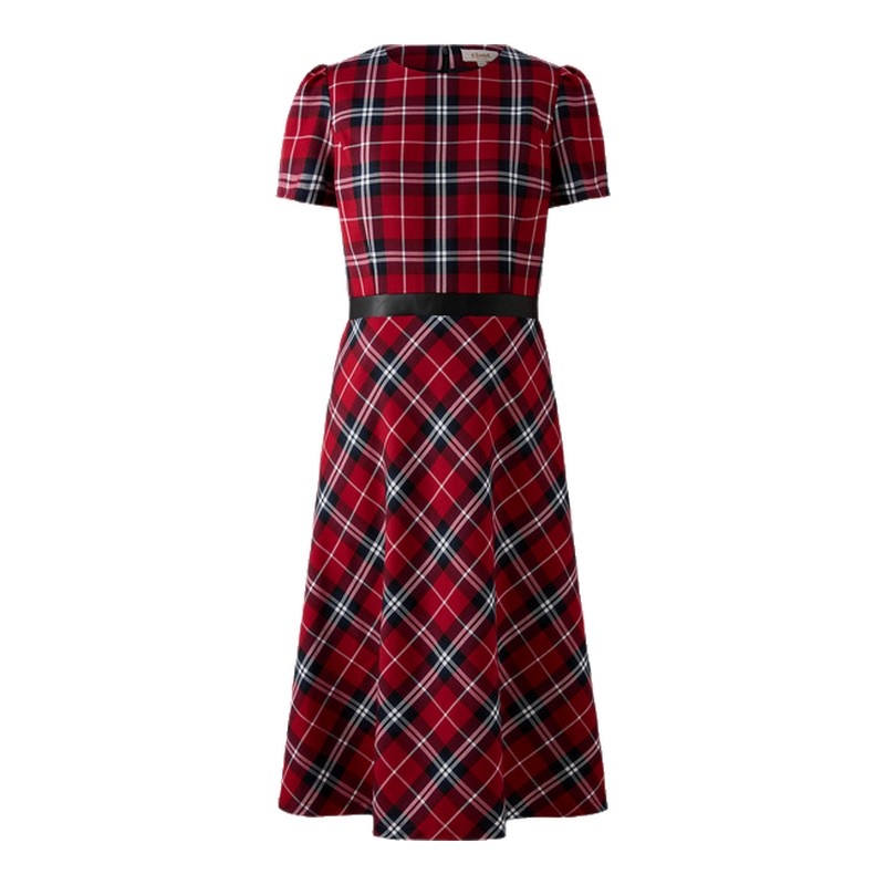 ELAND圆领收腰短袖格纹连衣裙