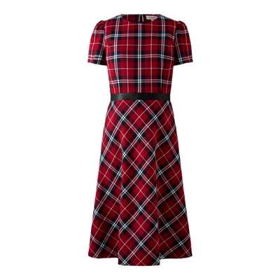 ELAND圆领收腰短袖格纹连衣裙