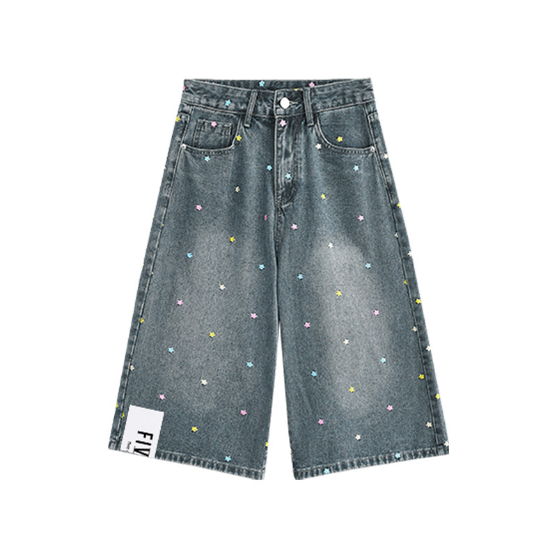 星星刺绣水洗牛仔短裤男女夏季潮