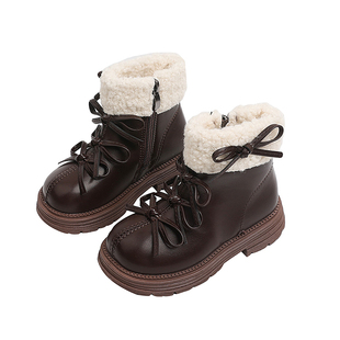 女童洋气马丁靴加绒保暖时装靴2025秋冬季新款韩版公主风女宝皮靴