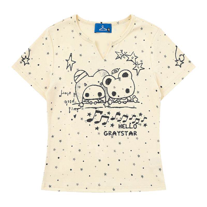 MoCreation 甜美可爱卡通印花短袖T恤女夏V领修身显瘦百搭上衣tee