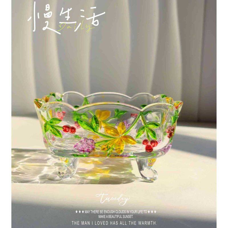 手绘彩色葡萄雕花方形复古罐烟灰缸玻璃罐糖物储浮雕首饰盒肥皂盒