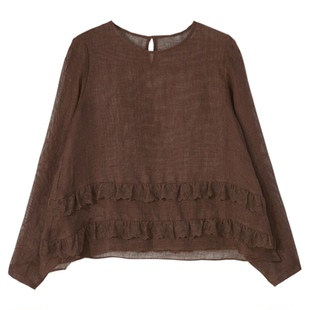 GESGOO轻薄透气亚麻衬衫女圆领编织感镂空松弛文艺娃娃衫上衣春季