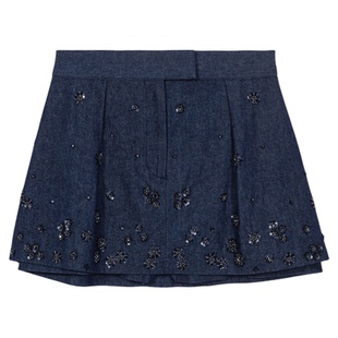 Maje2026春季新款女装法式仿珠饰亮片花朵深蓝色高腰牛仔短裤裙裤