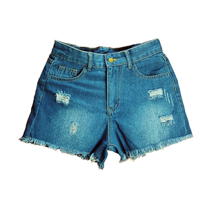 夏款男士纯色毛边三分牛仔超短裤女士修身破洞流苏修身气质短裤潮