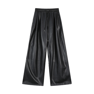 吴童童黑色松紧腰抽绳皮裤休闲裤女秋冬韩系直筒宽松休闲百搭裤子