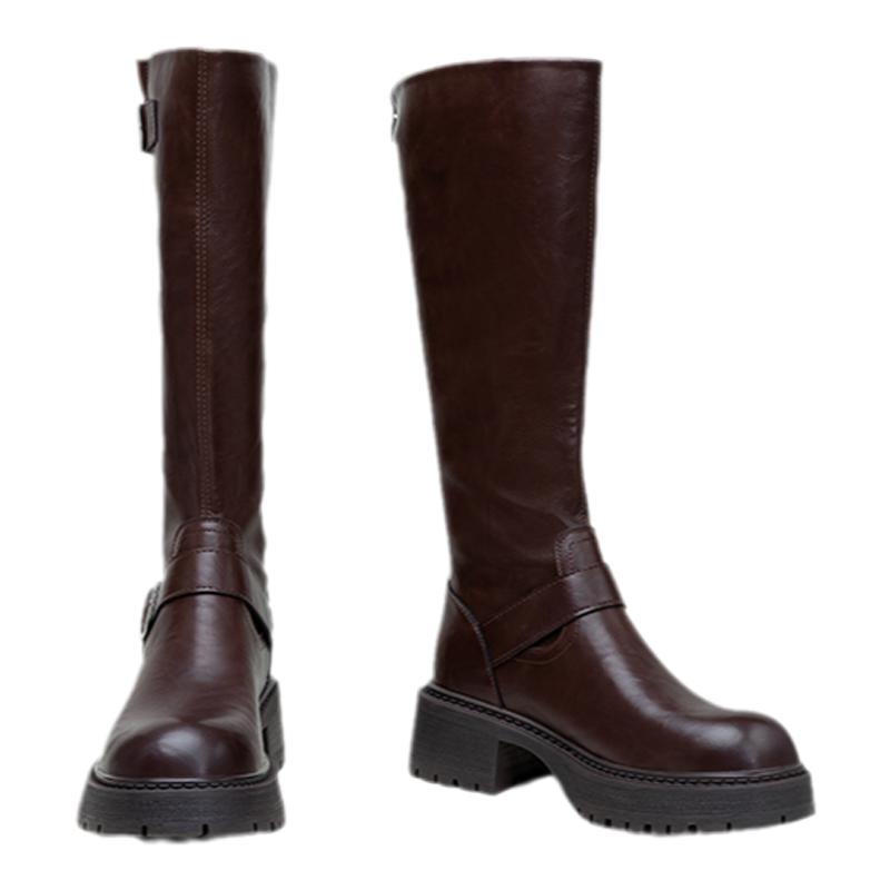 汤普葛罗秋冬新款英伦风骑士靴皮带扣粗跟西部靴甜酷高筒靴女