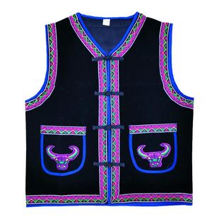 彝族佤族男马夹平绒小牛头大牛头马甲马褂民族风百搭黑红色亲子款