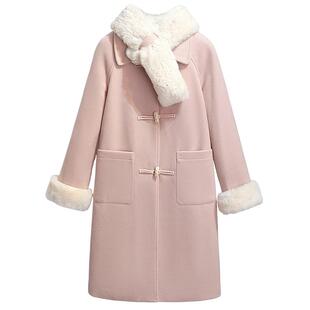 粉色小香风牛角扣毛呢外套女2025秋冬季新款夹棉加厚长款呢子大衣