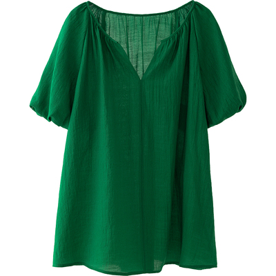 上衣短袖薄款衬衫立领宽松休闲2025春夏新款女装小衫绿色皱皱肌理