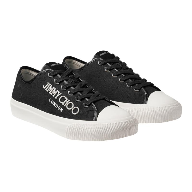 JimmyChoo/周仰杰男鞋黑色帆布和纳帕皮字母标徽刺绣低帮运动鞋