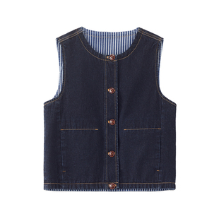 设计师款佐丹奴女装新款双面穿圆领明线口袋牛仔马甲外套18375205