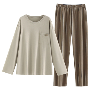 悦内睡衣男士春秋款秋季纯棉长袖家居服男款薄款圆领套头大码套装