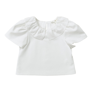 NU童装 夏季女童白色小香刺绣大荷叶领针织上衣雏菊荷叶边短裤