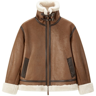 太平鸟仿麂皮绒美拉德机车服PU皮衣外套女冬款时尚美式夹克*