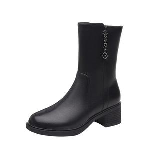 红蜻蜓秋冬季女鞋粗跟尖头中筒高跟鞋靴子加绒保暖女短靴真皮皮靴