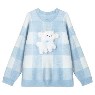 KEIKO [仿牦牛绒]温柔感蓝色格子毛衣秋冬可爱绵羊绣花加厚针织衫