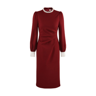 韩语琳 法式气质长袖连衣裙2025新款收腰显瘦设计感红色修身裙女