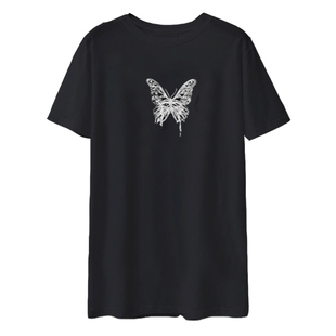 黑色下装消失t恤女短袖2025夏季新款蝴蝶爆款上衣中长款港风体恤