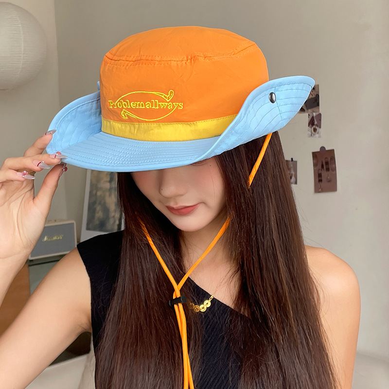 户外露营亲子登山帽复古撞色帽子工装徒步年女渔夫帽遮阳防晒