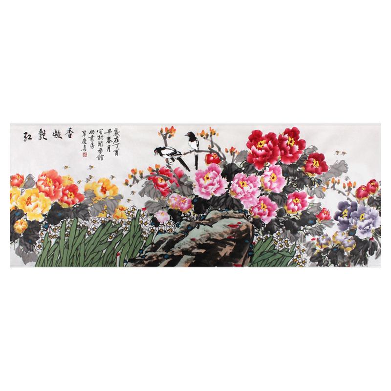 新中式客厅办公室名家国画牡丹国色富贵名家纯手绘六尺横幅宣纸画