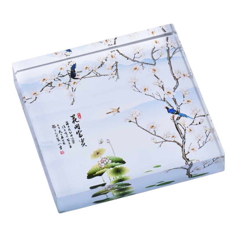 国潮花鸟水晶方形镇纸文房送礼