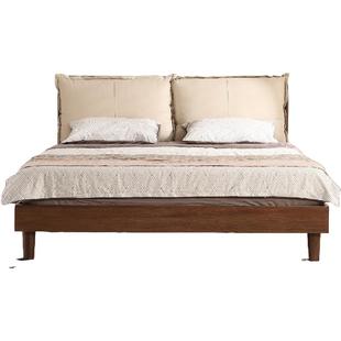 全实木床现代简约新中式主卧大床红橡木原木双人床家用牛皮软靠床