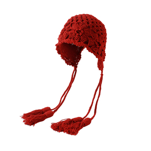 川西旅游红色镂空钩花包头帽女大头围针织帽2025新款帽子流苏氛围