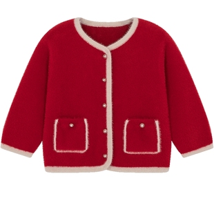 英氏女童针织衫毛衣外套春秋季加绒保暖红色新年喜庆拜年服过年