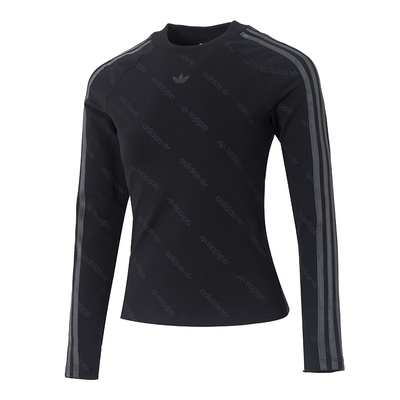 阿迪达斯Adidas冬季女上衣三叶草罗纹圆领休闲运动长袖T恤KS6109