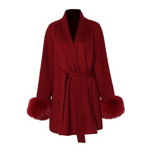 DPLAY【黑标】100羊毛外套女狐狸毛新年冬季新款红色双面呢子大衣