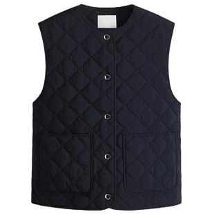 HM女装马甲冬季圆领轻薄内搭酒红色绗缝马夹背心1284955