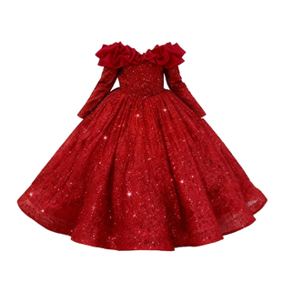 欣入荷秋冬华丽风红色亮片晚礼服女童一字肩蓬蓬裙高贵优雅演出服