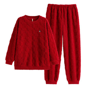 家乐芬大红色睡衣女秋冬季冬款家居服半边绒加厚加绒珊瑚绒本命年