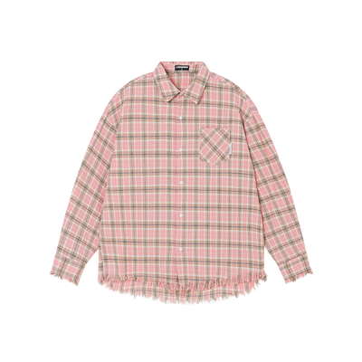 FORNINES毛边格纹长袖衬衫