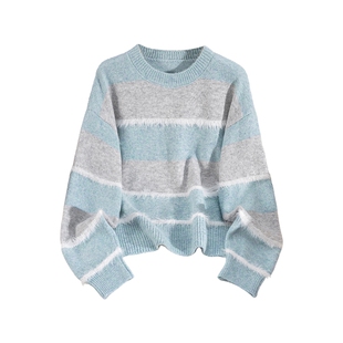 她池宽松款针织衫2026春季新款女装时尚撞色圆领落肩袖套头上衣