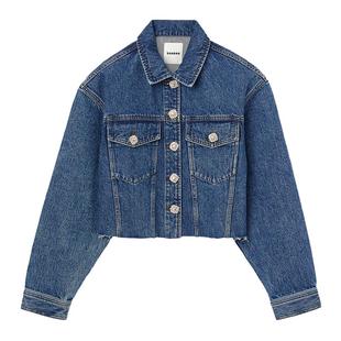 SANDRO Outlets秋冬女装法式休闲复古纯棉牛仔蓝做旧短款牛仔外套