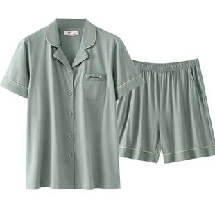 丝光棉睡衣女士夏季纯棉短袖短裤家居服夏天薄款开衫大码套装