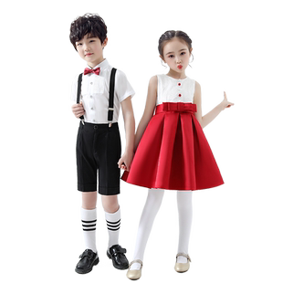 儿童演出服小学生合唱团女童红色朗诵比赛主持人礼服元旦表演服装