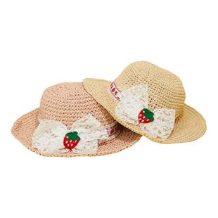 TheGreenParty 甜美儿童沿帽草莓蝴蝶结草编女生夏季防晒遮阳帽