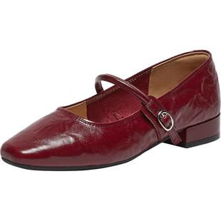 百思图秋季新款超软羊皮玛丽珍鞋法式低跟红色女单鞋CX332CQ5