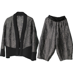 兮风新中式国风短外披+灯笼裤拼接宽松复古提花禅意高端套装4秋冬