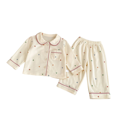 拉果拉春季儿童家居服套装女童小宝宝爱心印花睡衣纯棉分体两件套