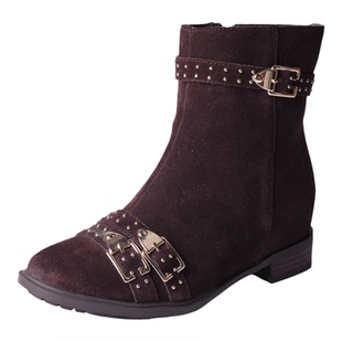 牛皮 爱意aee  裸靴短靴长靴搭扣拉链低跟方根细跟百搭女真皮短靴