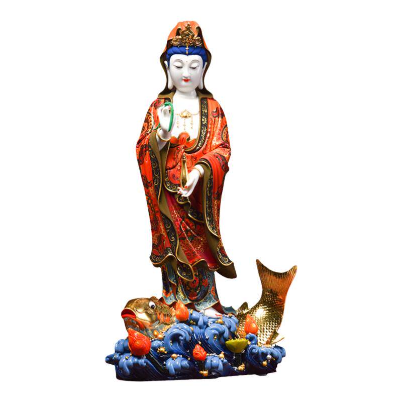 戴玉堂陶瓷摆件《极彩鲤鱼观音菩萨佛像》观世音客厅供奉家用艺术