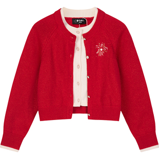 水孩儿女童针织开衫外套秋冬装翻领提花毛衣儿童开身线衣新年装