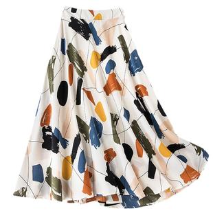 2222 口袋涂鸦碎花半身裙春秋女中长款春新款大摆垂坠雪纺a字裙